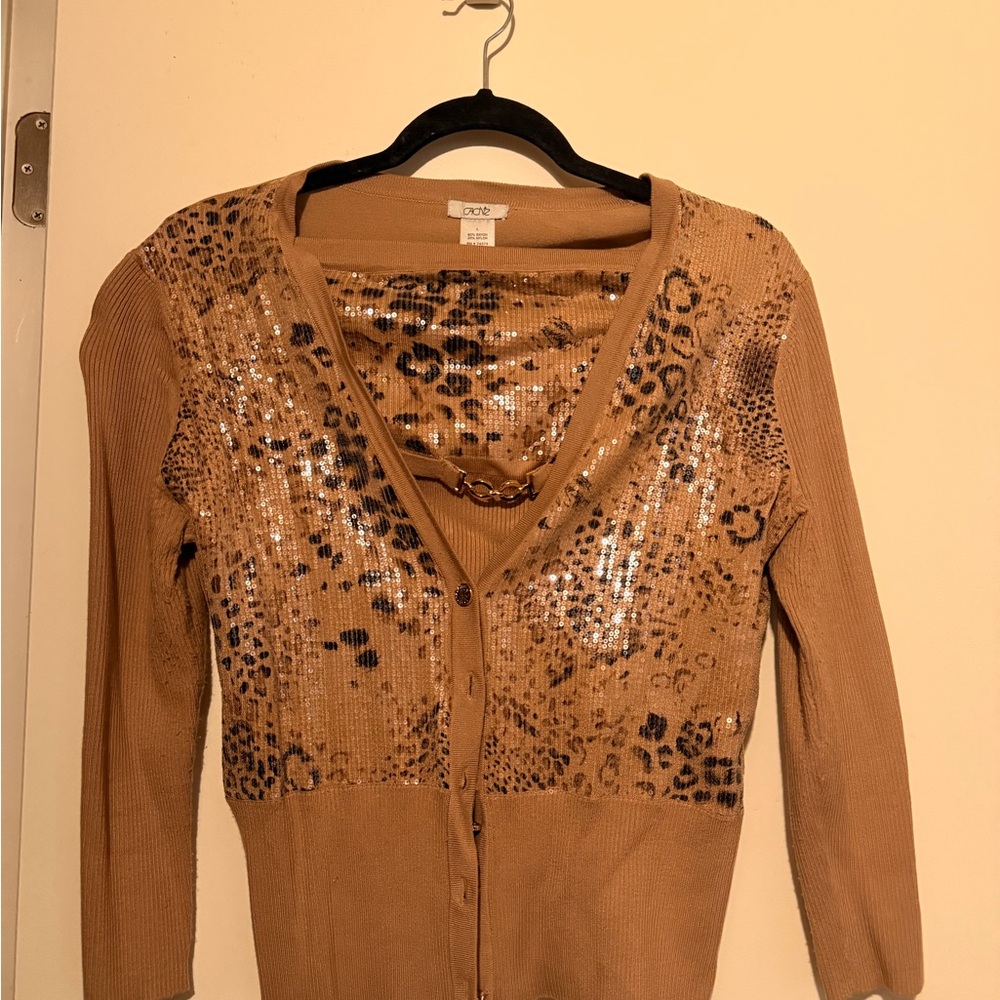 Cache Tan Leopard Print Cardigan